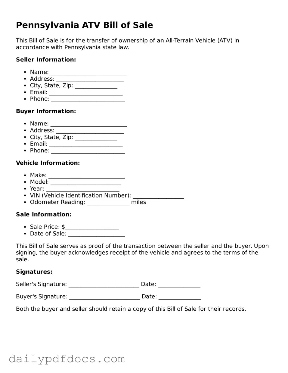Printable  ATV Bill of Sale Document for Pennsylvania