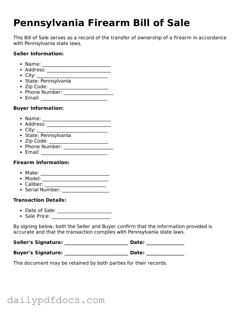 Printable  Firearm Bill of Sale Document for Pennsylvania