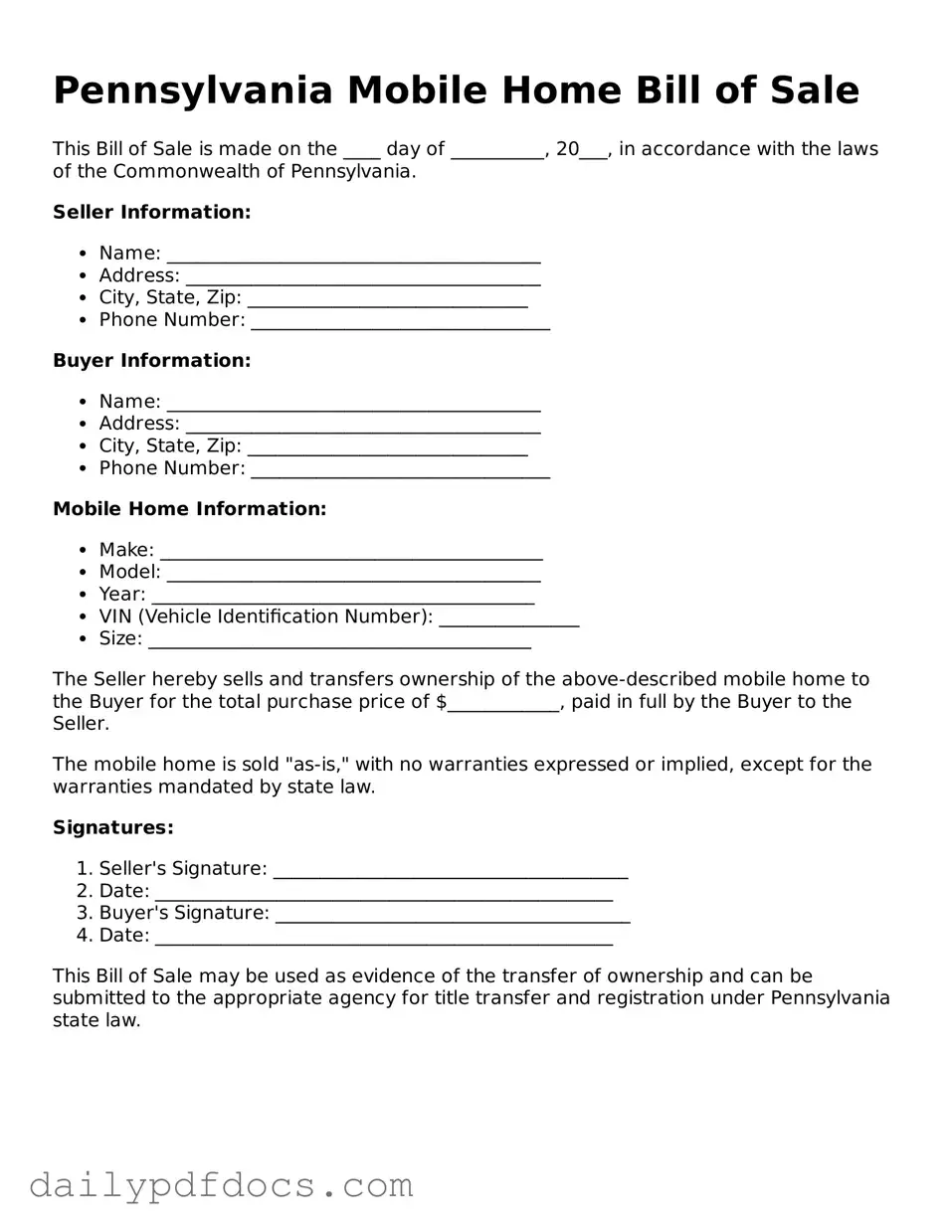 Printable  Mobile Home Bill of Sale Document for Pennsylvania