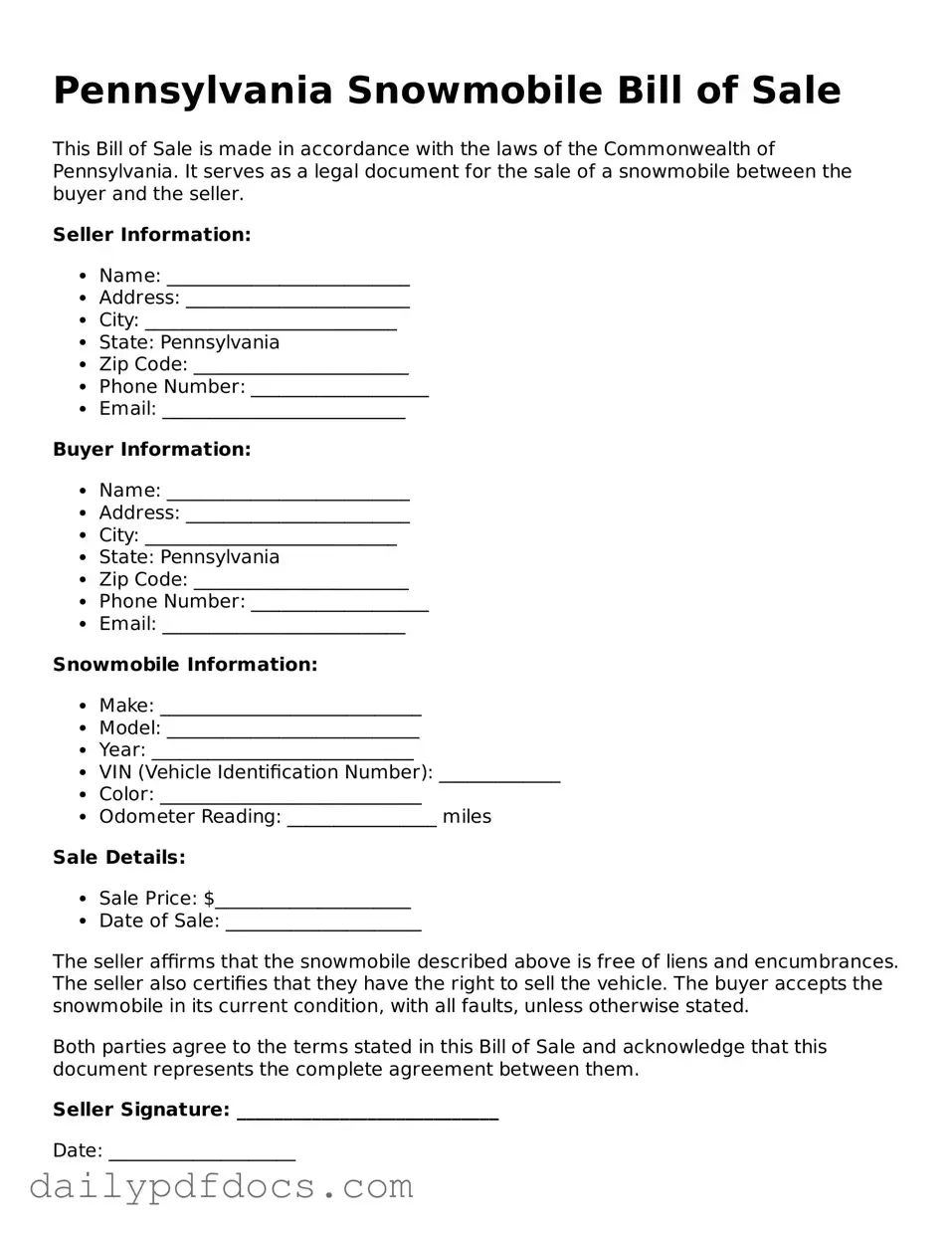 Printable  Snowmobile Bill of Sale Document for Pennsylvania