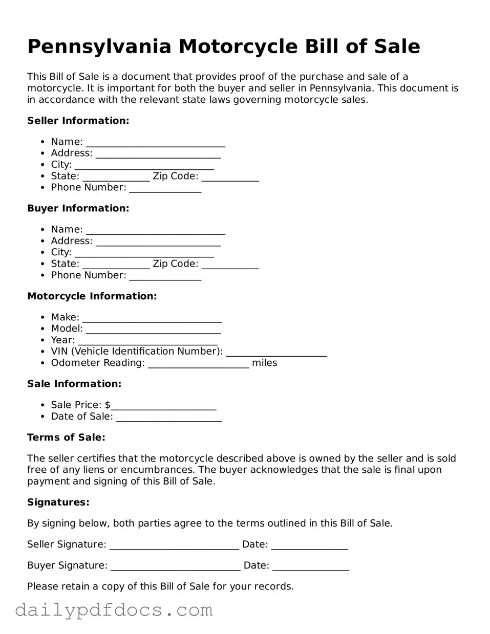 Printable  Motorcycle Bill of Sale Document for Pennsylvania