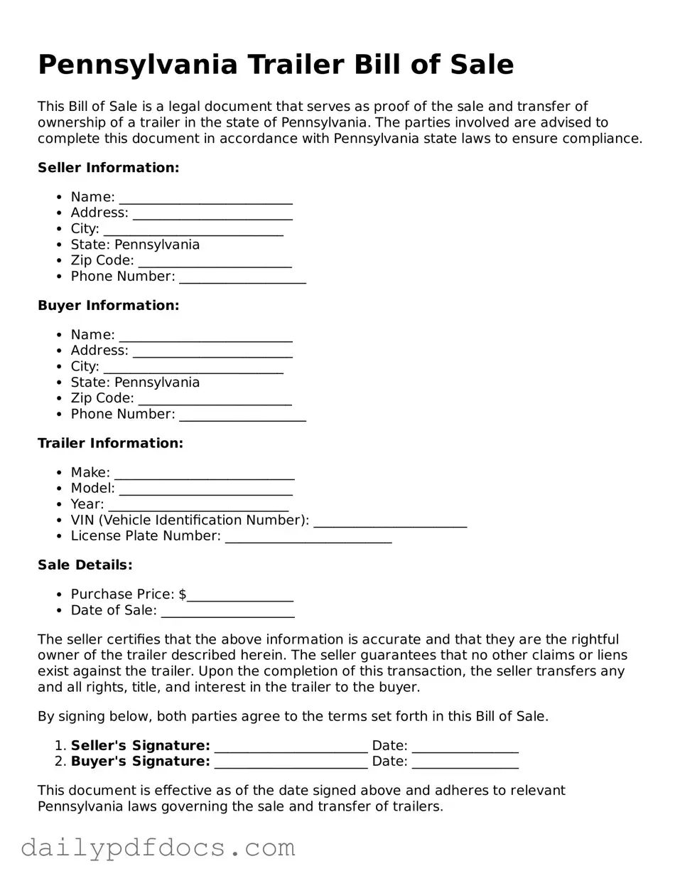 Printable  Trailer Bill of Sale Document for Pennsylvania