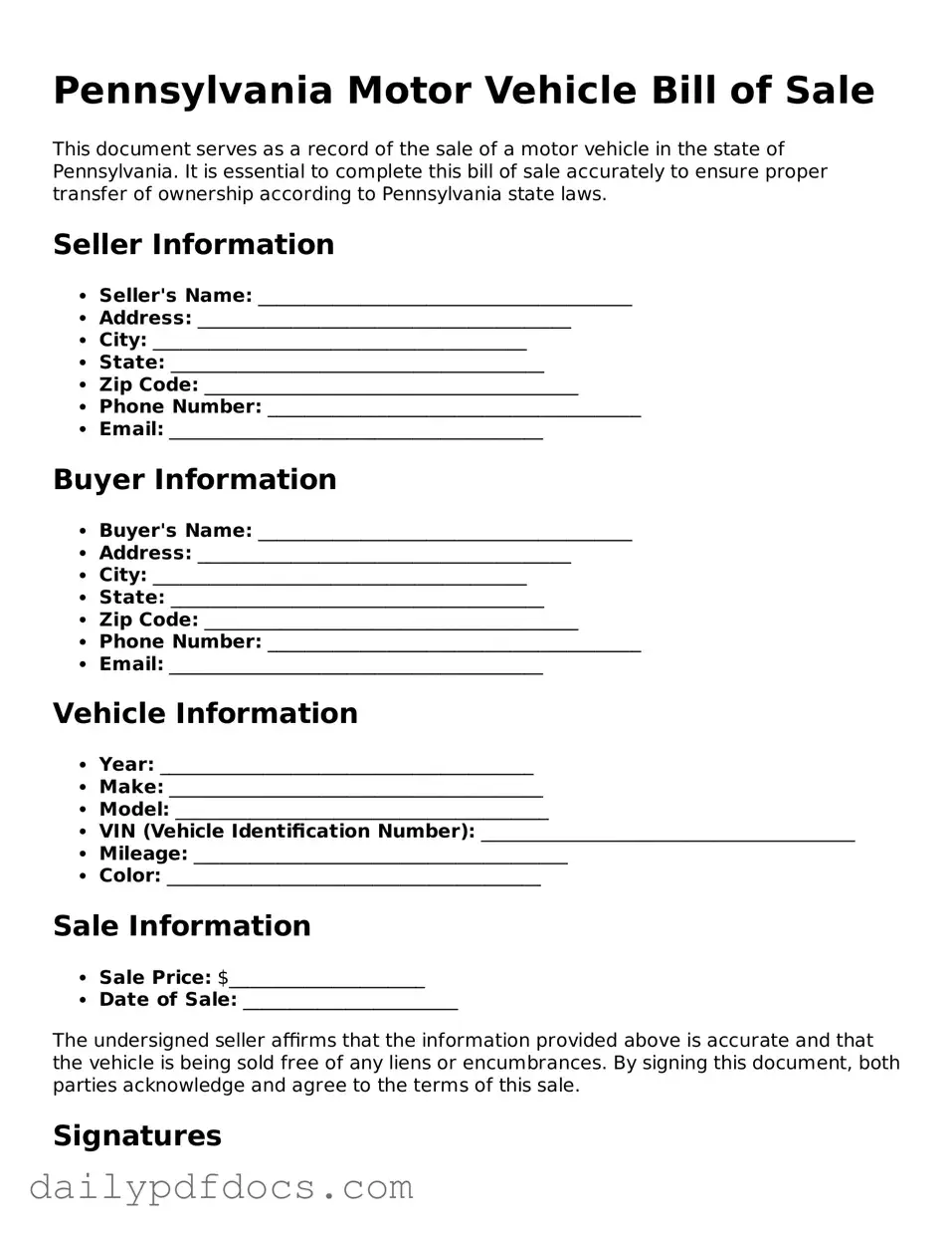 Printable  Motor Vehicle Bill of Sale Document for Pennsylvania