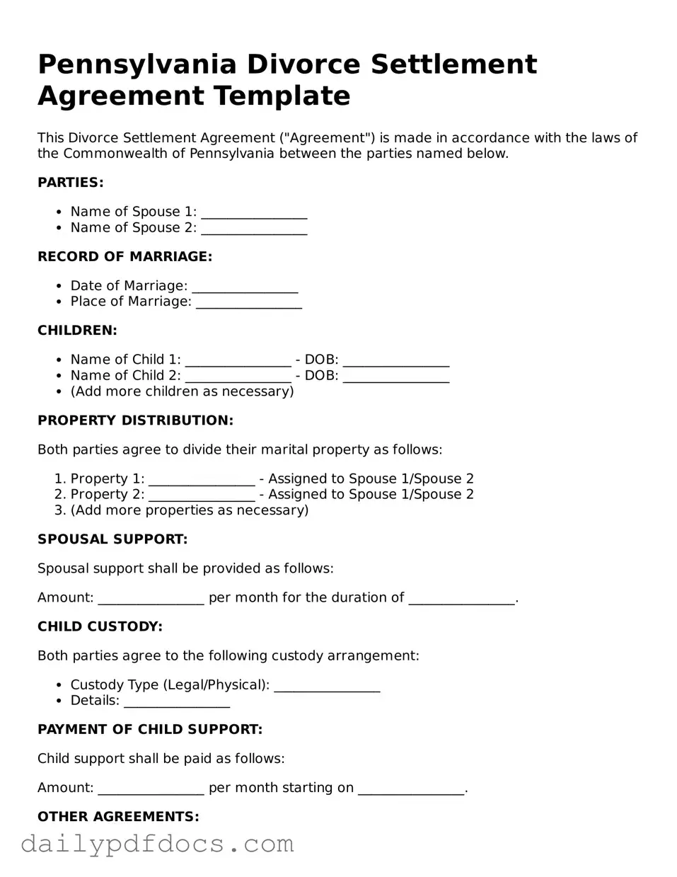 Printable  Divorce Settlement Agreement Document for Pennsylvania