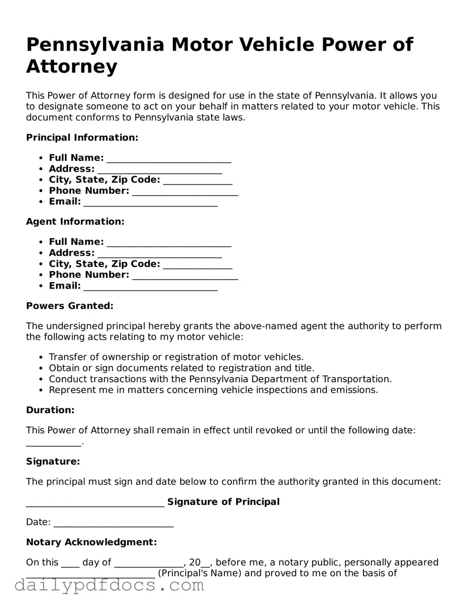 Printable  Motor Vehicle Power of Attorney Document for Pennsylvania