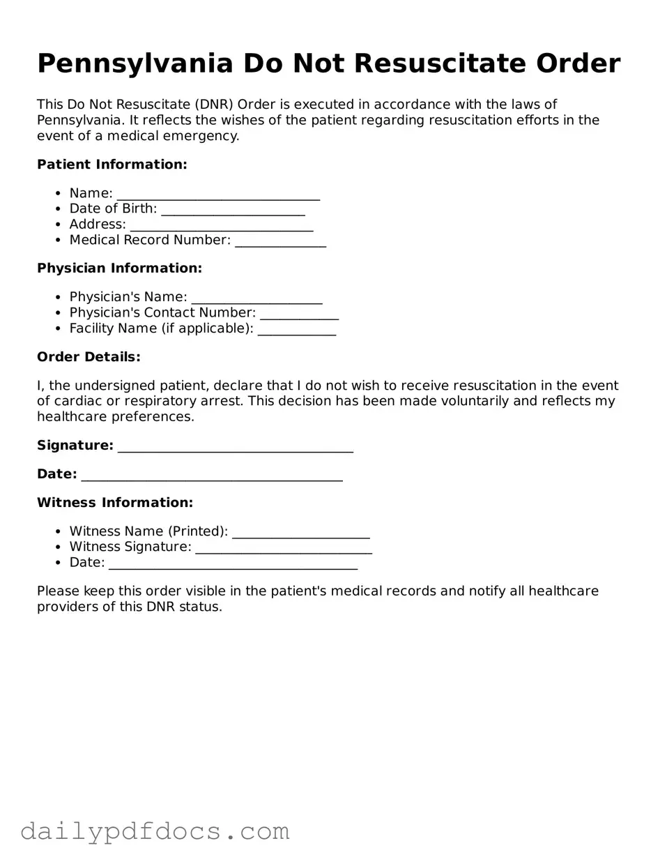 Printable  Do Not Resuscitate Order Document for Pennsylvania