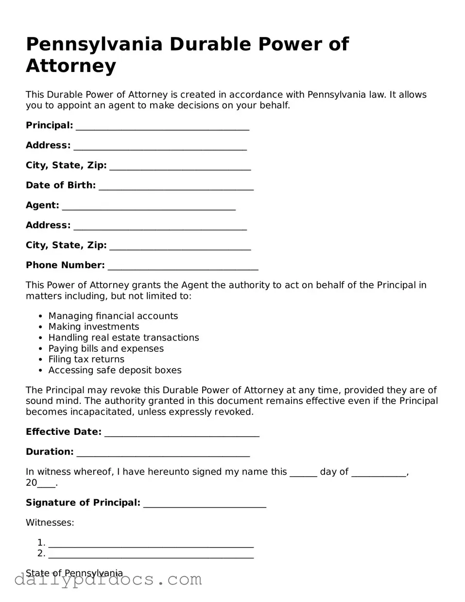 Printable  Durable Power of Attorney Document for Pennsylvania