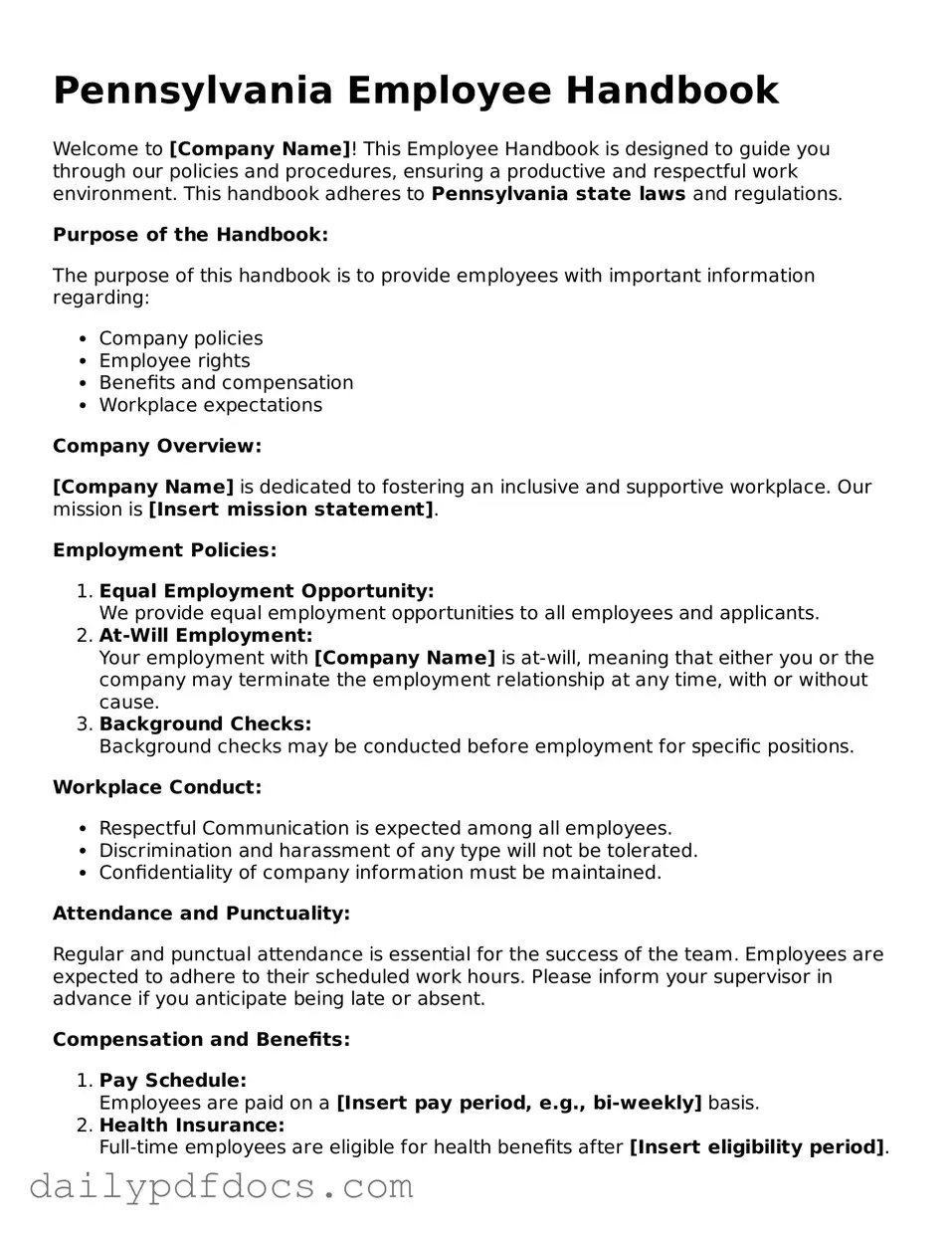 Printable  Employee Handbook Document for Pennsylvania