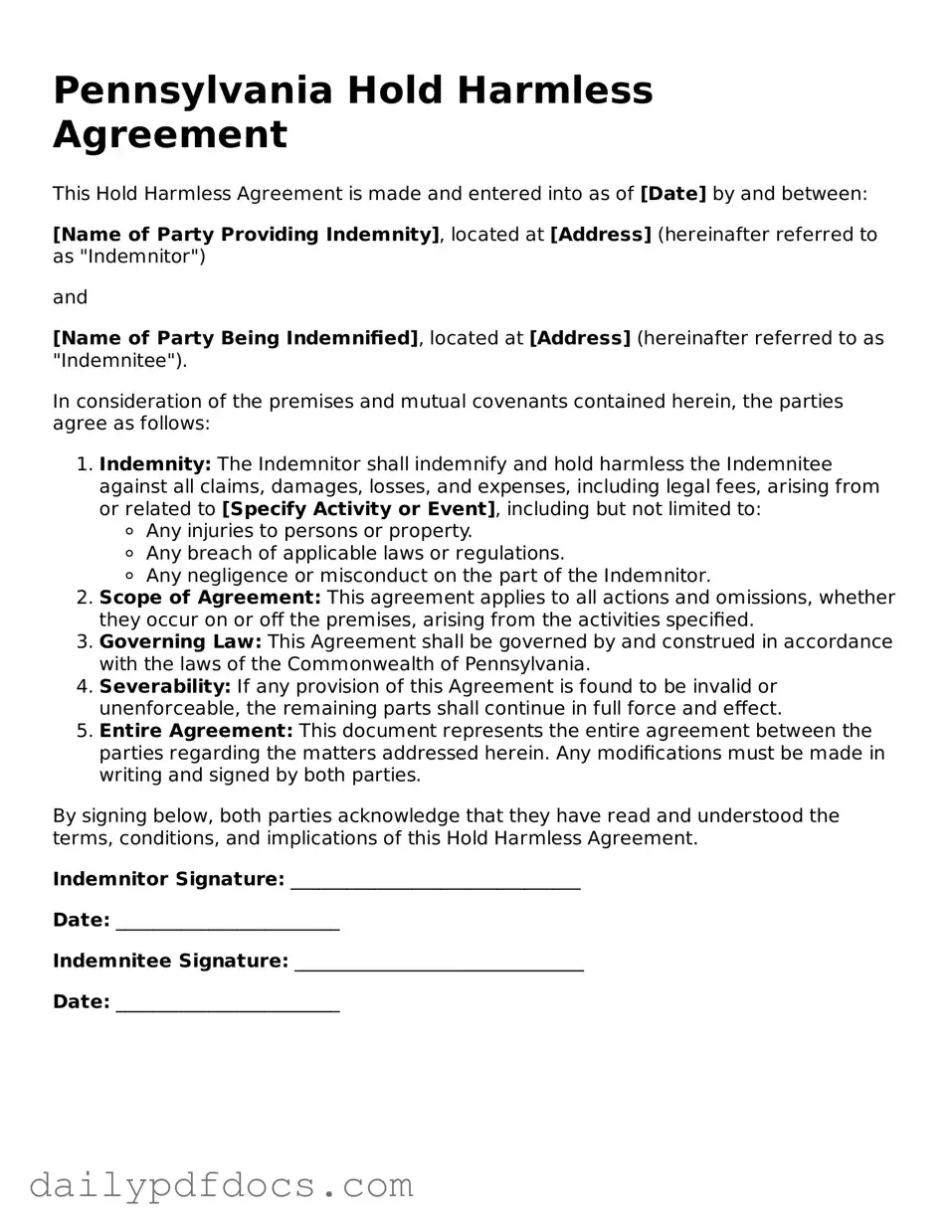 Printable  Hold Harmless Agreement Document for Pennsylvania