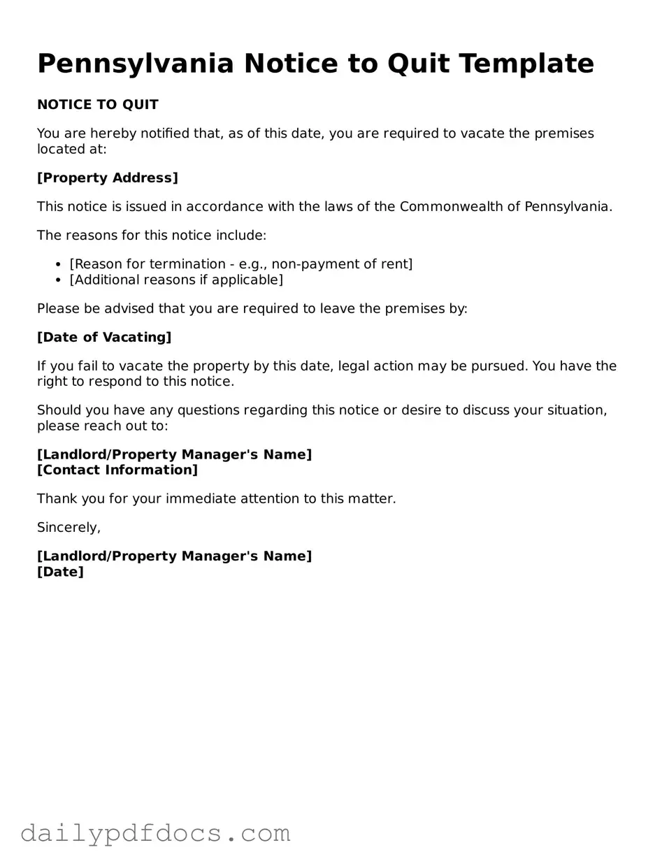 Printable  Notice to Quit Document for Pennsylvania