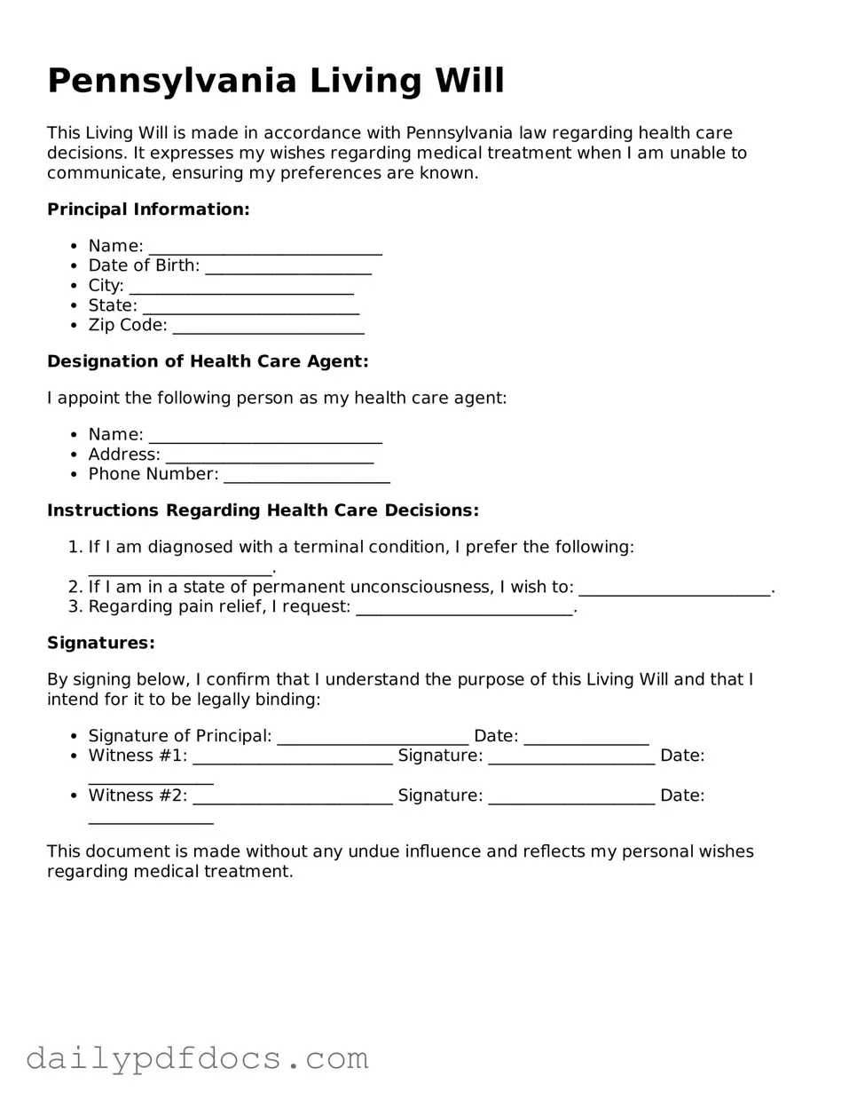 Printable  Living Will Document for Pennsylvania