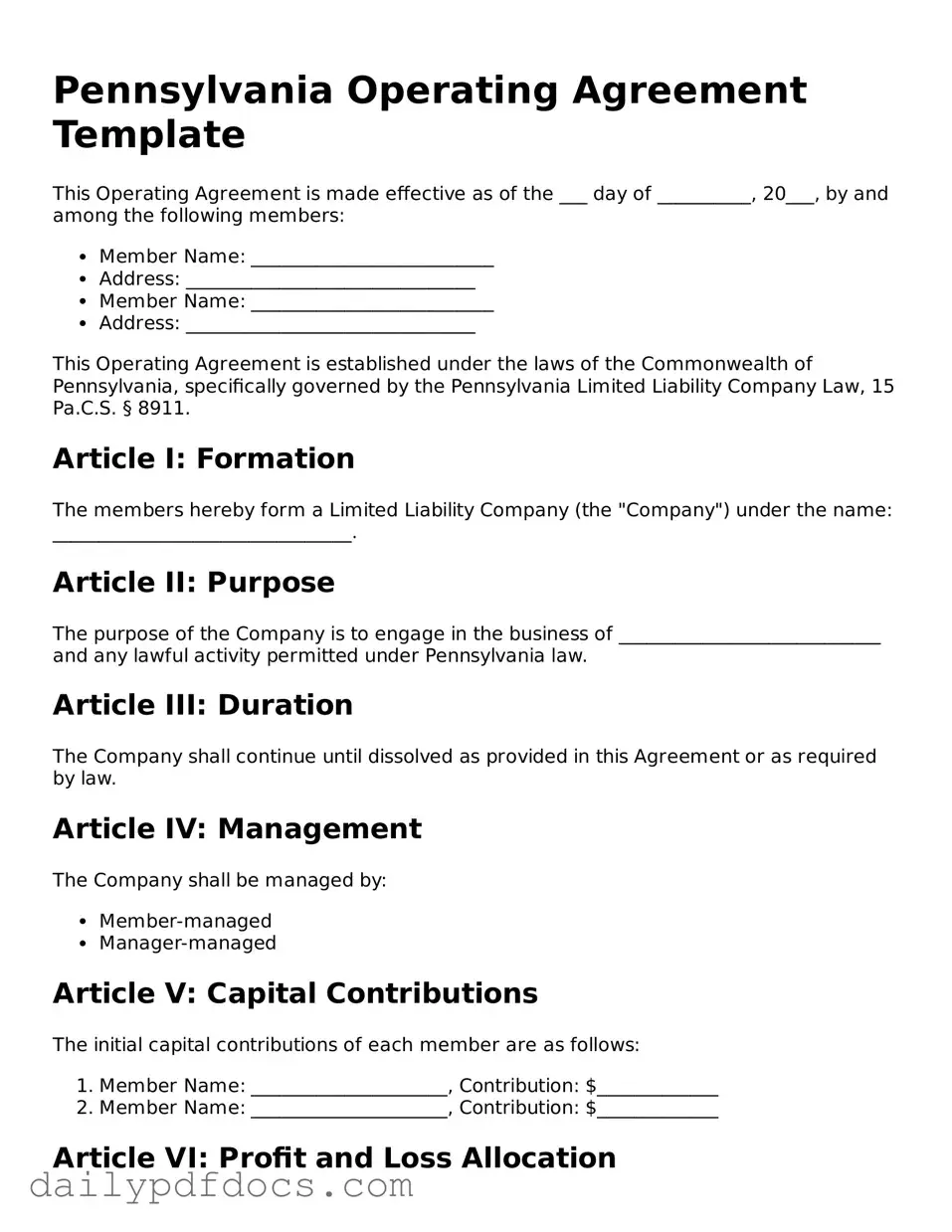 Printable  Operating Agreement Document for Pennsylvania