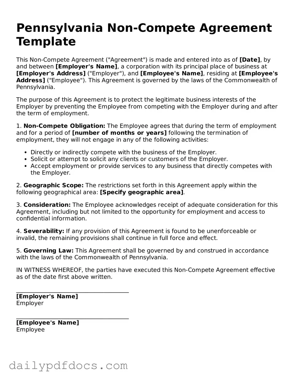 Printable  Non-compete Agreement Document for Pennsylvania