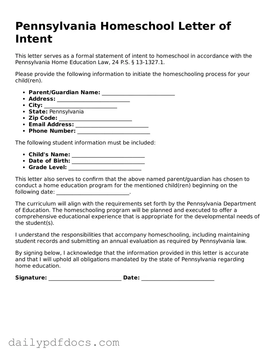 Printable  Homeschool Letter of Intent Document for Pennsylvania