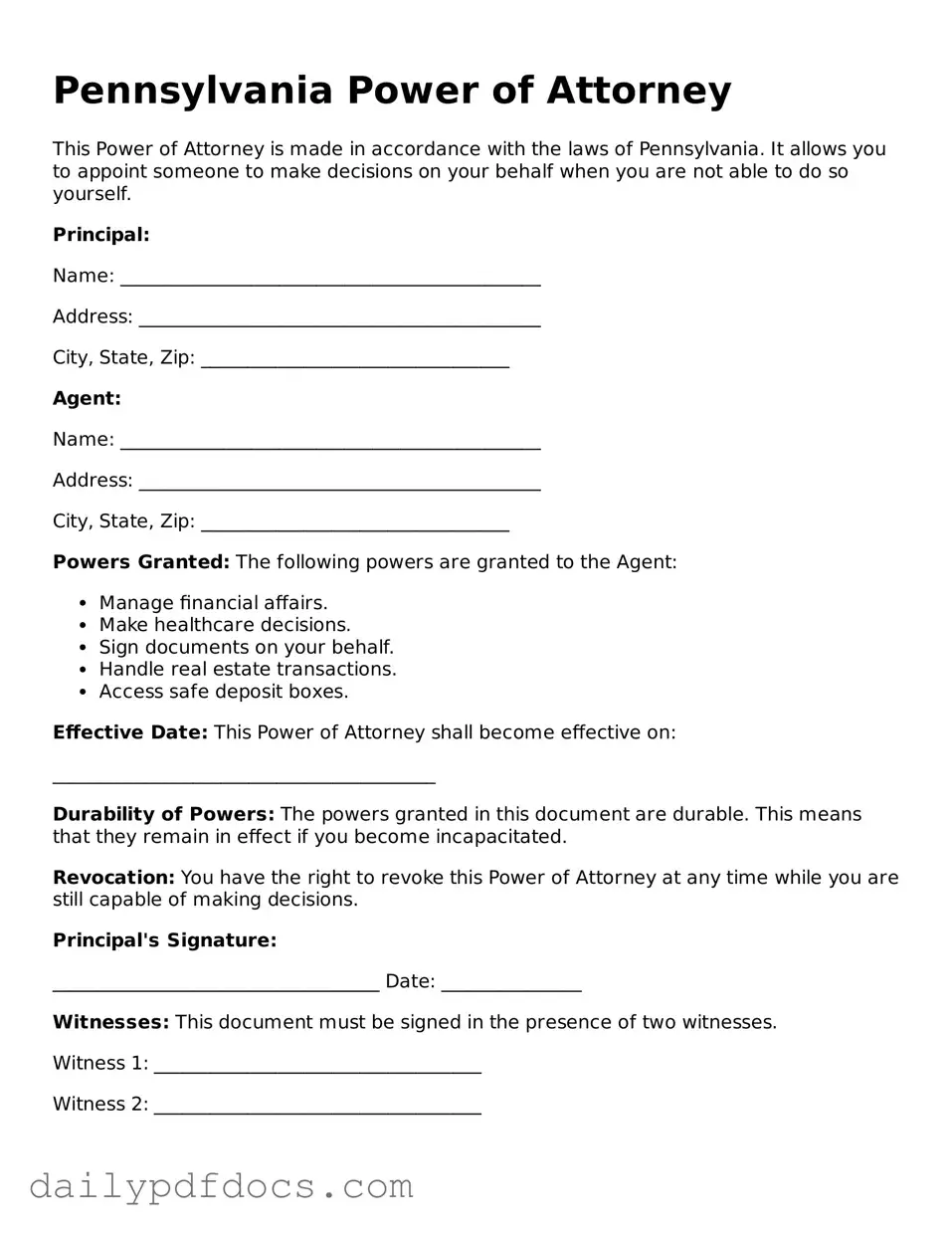 Printable  Power of Attorney Document for Pennsylvania