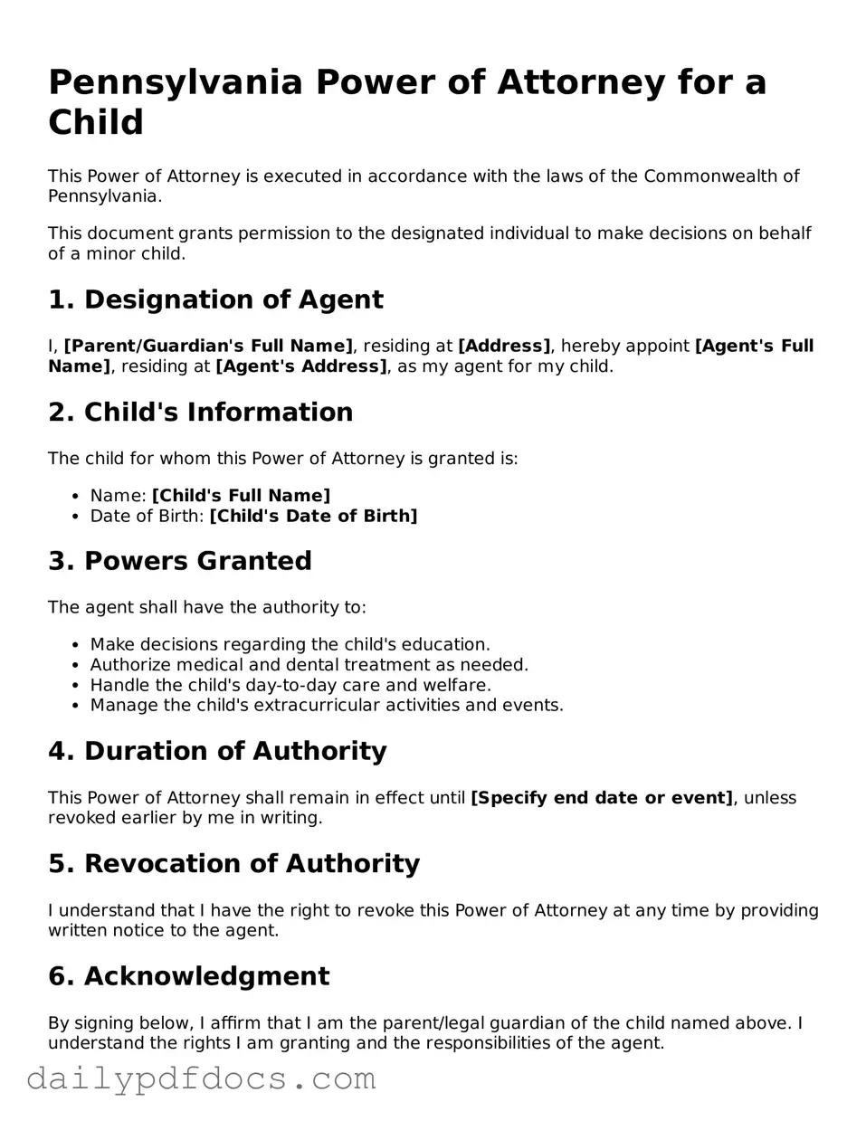 Printable  Power of Attorney for a Child Document for Pennsylvania