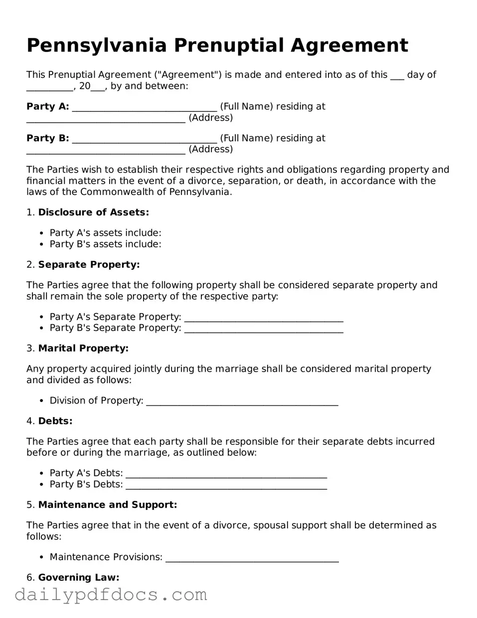 Printable  Prenuptial Agreement Document for Pennsylvania