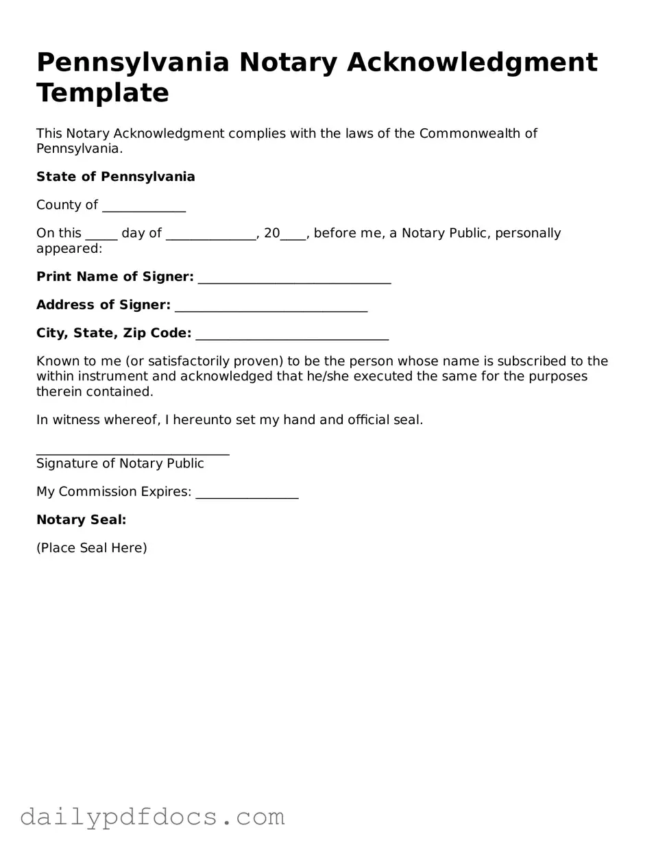 Printable Notary Acknowledgement Document for Pennsylvania