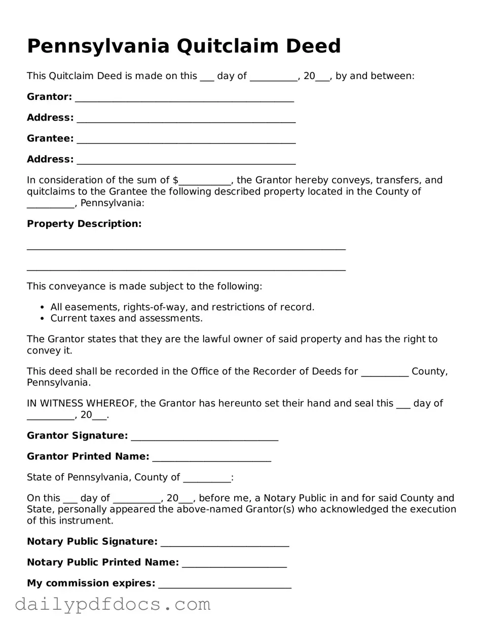 Printable  Quitclaim Deed Document for Pennsylvania