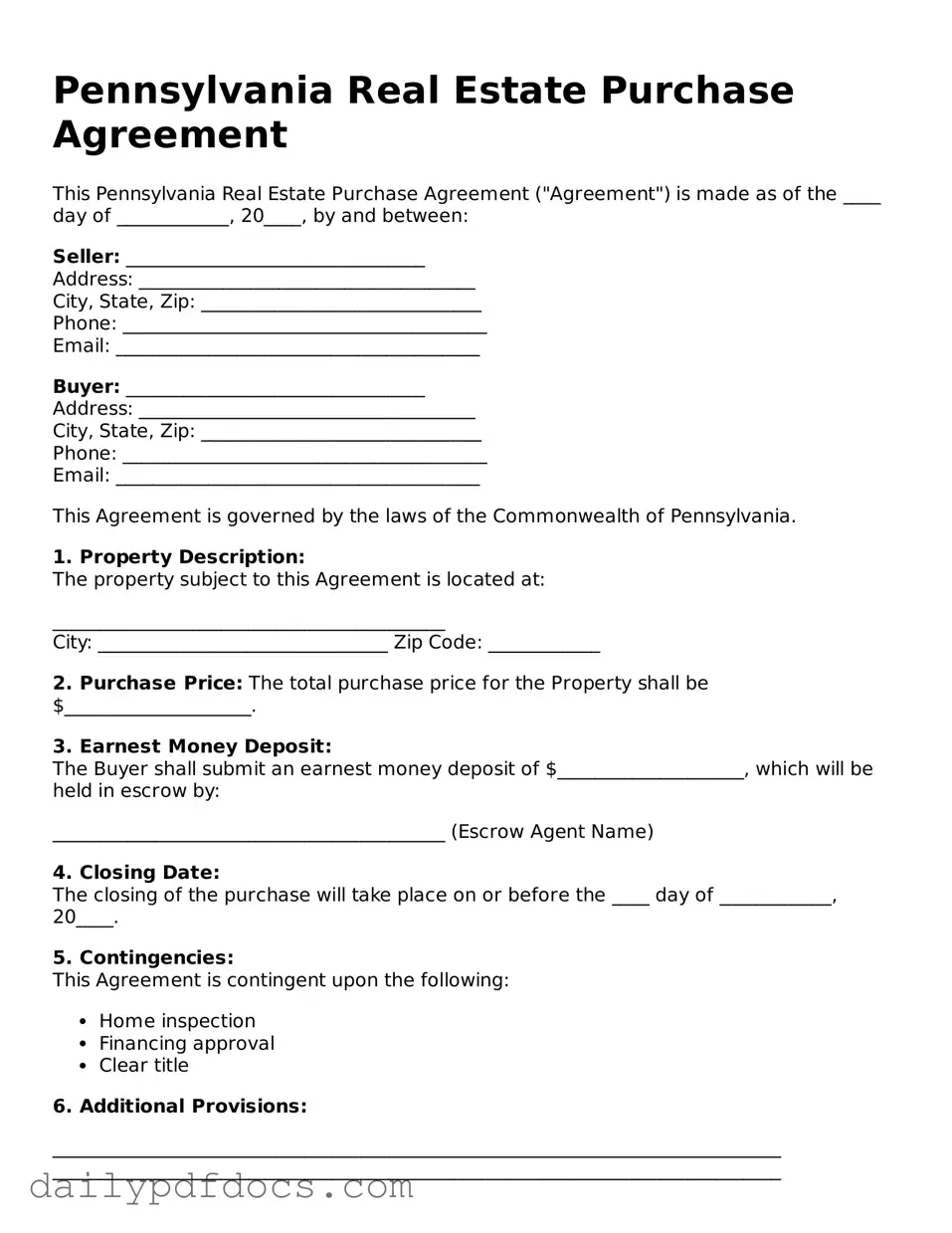 Printable  Real Estate Purchase Agreement Document for Pennsylvania