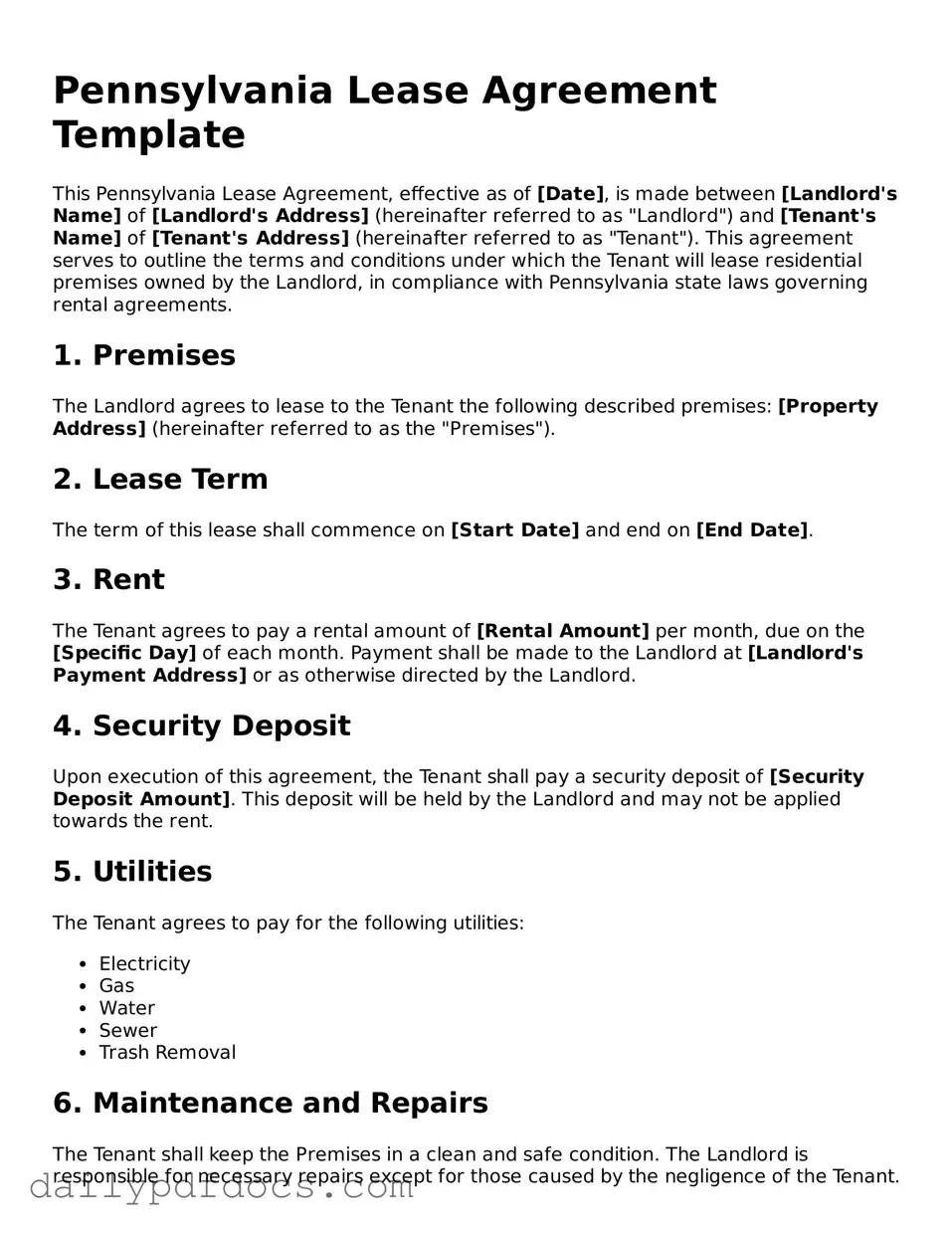 Printable  Lease Agreement Document for Pennsylvania