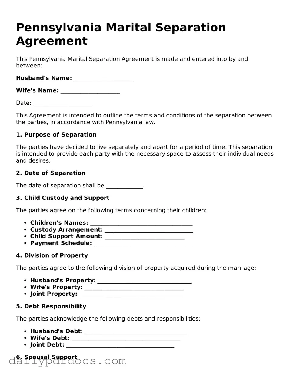 Printable  Marital Separation Agreement Document for Pennsylvania