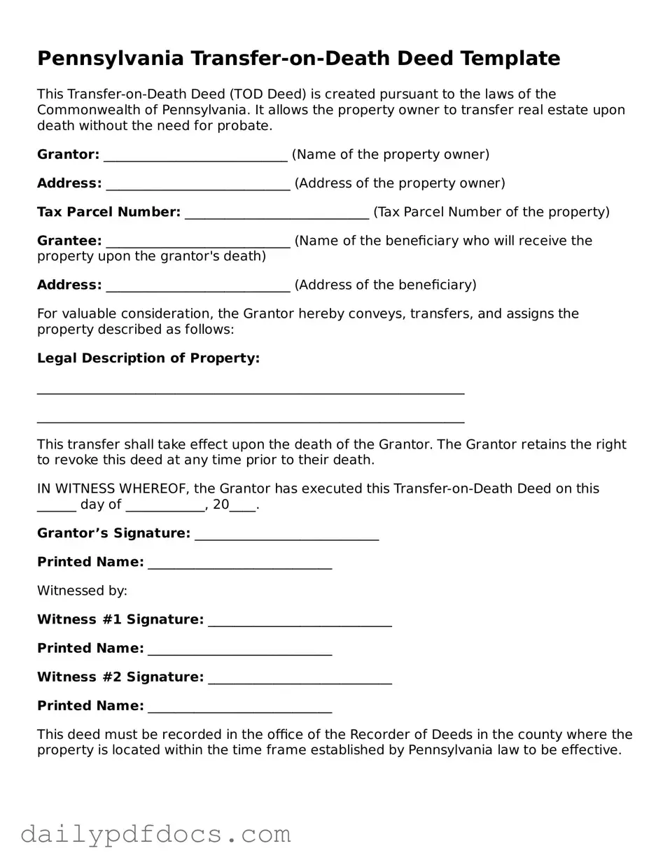Printable  Transfer-on-Death Deed Document for Pennsylvania