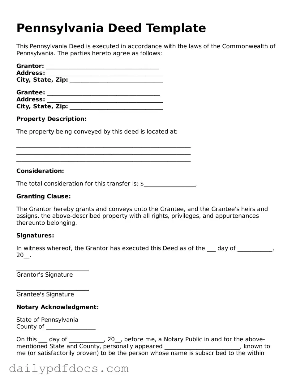 Printable  Deed Document for Pennsylvania