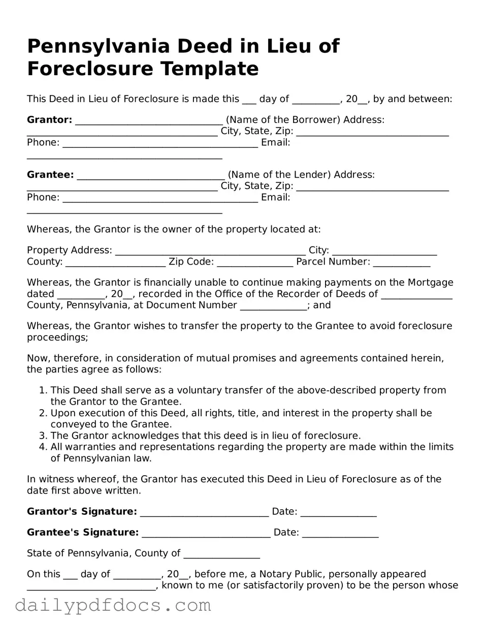 Printable  Deed in Lieu of Foreclosure Document for Pennsylvania