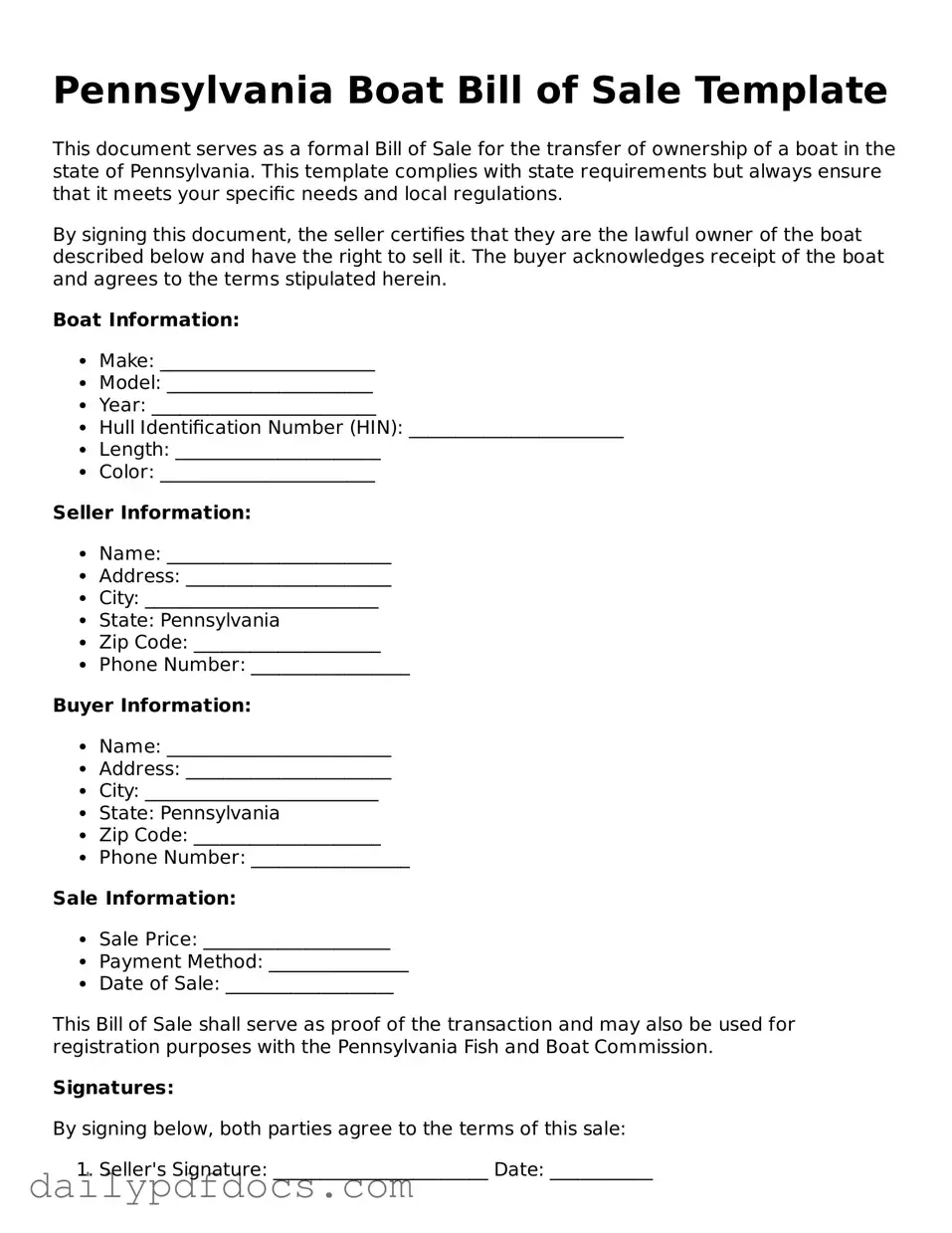 Printable  Boat Bill of Sale Document for Pennsylvania