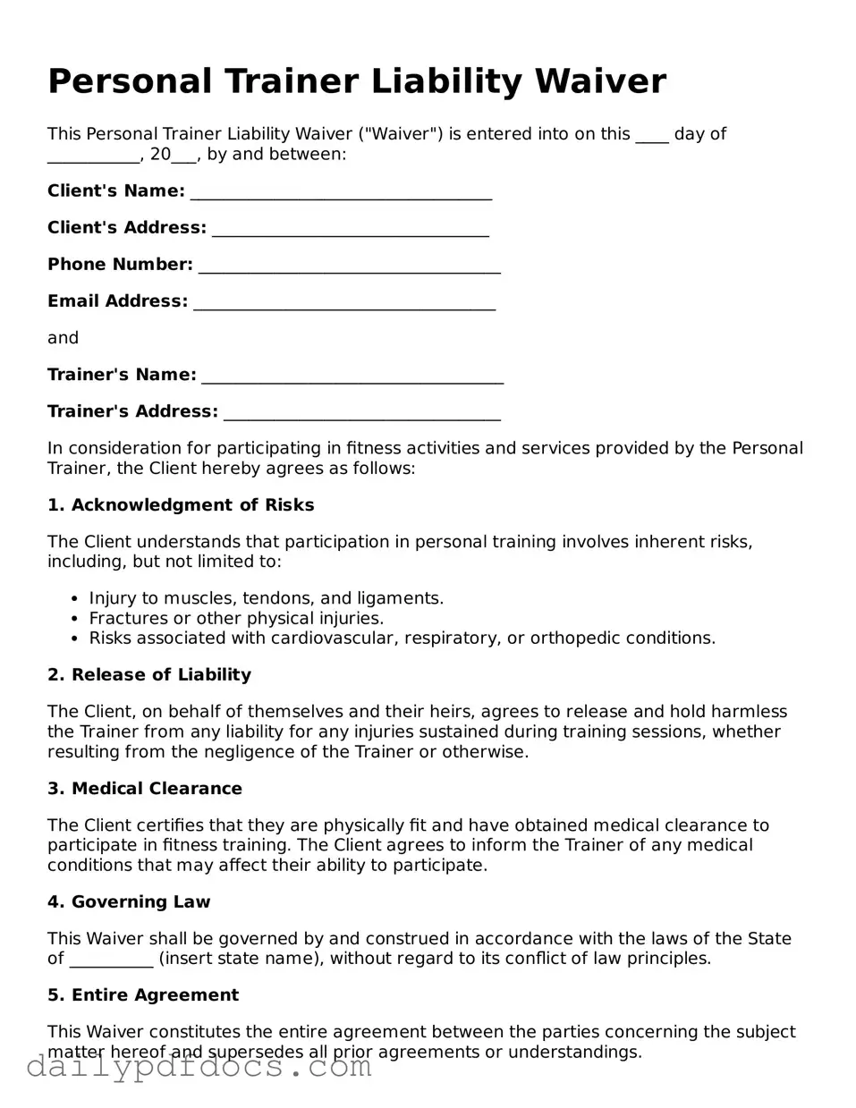 Free Personal Trainer Liability Waiver Template