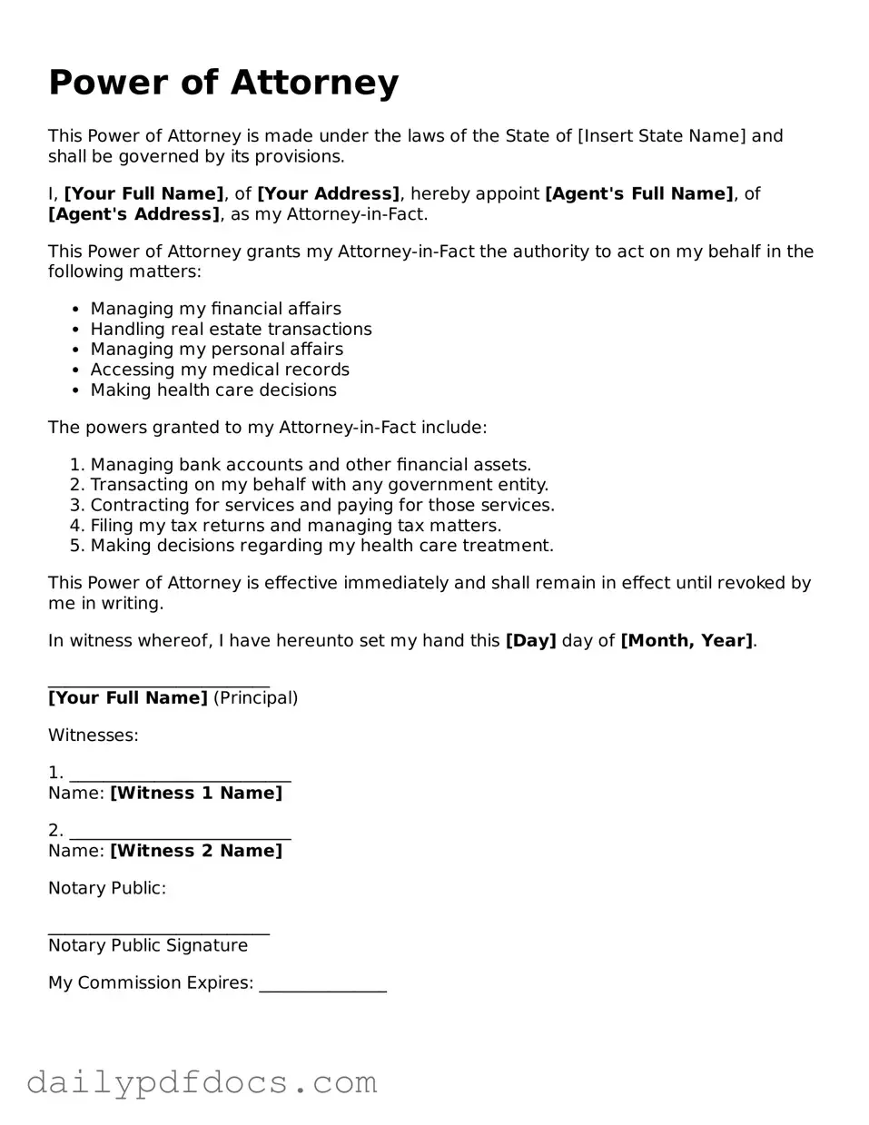 Free Power of Attorney Template