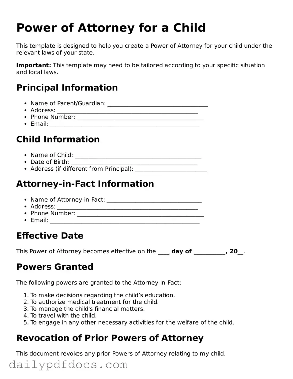 Free Power of Attorney for a Child Template