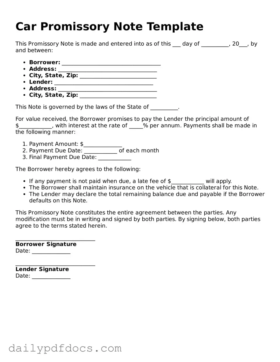 Free Promissory Note for a Car Template
