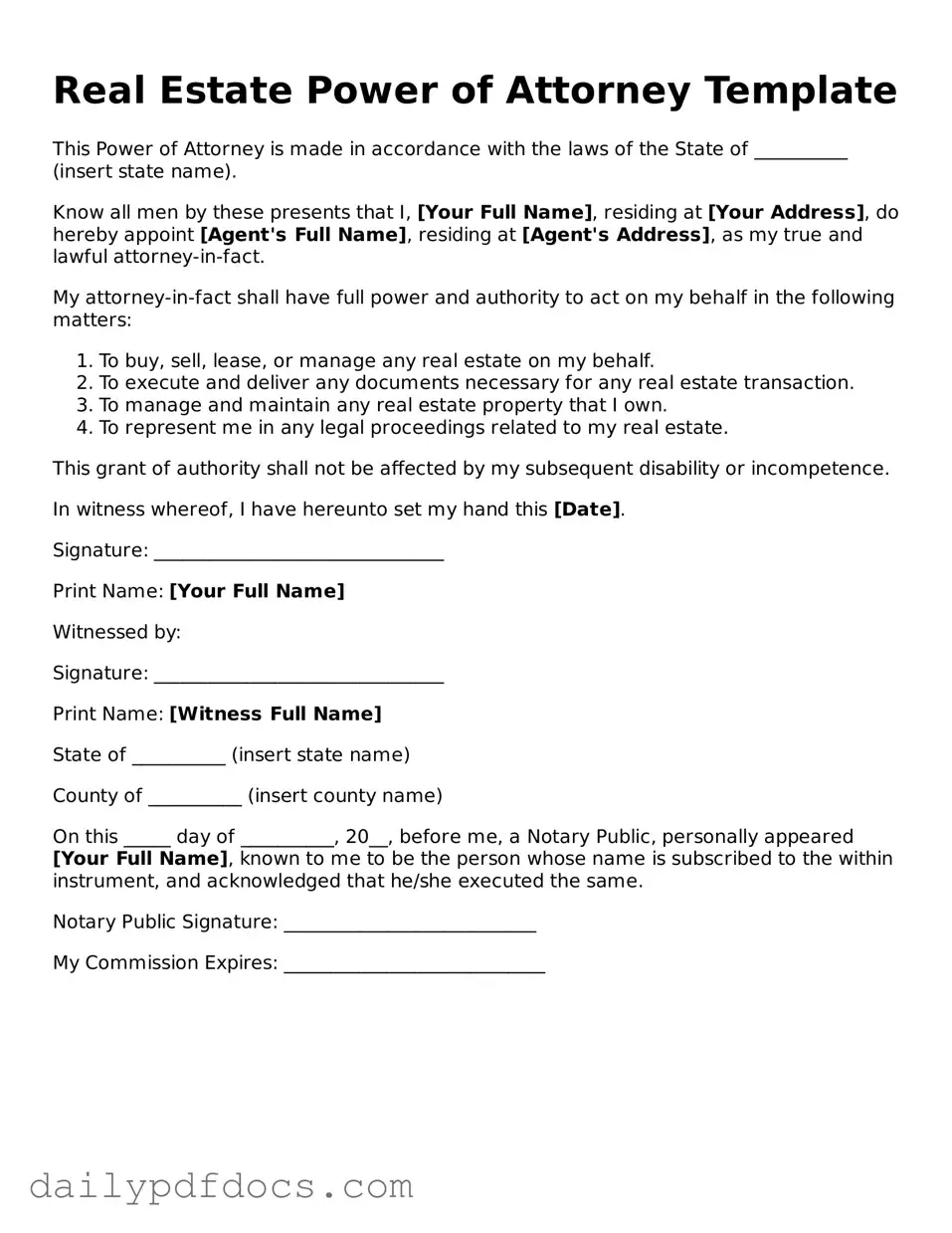 Free Real Estate Power of Attorney Template
