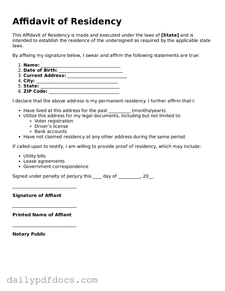 Free Affidavit of Residency Template