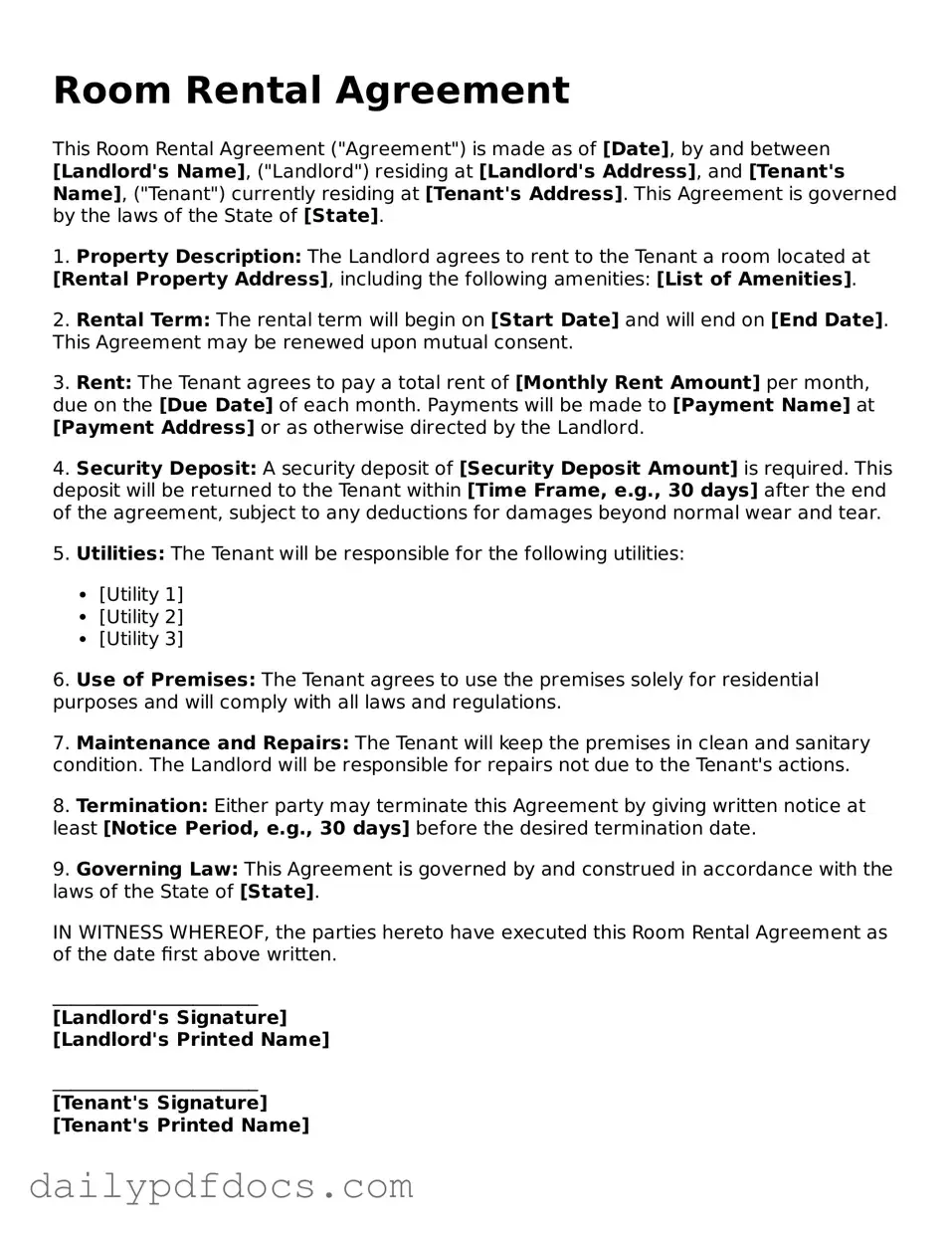 Free Room Rental Agreement Template