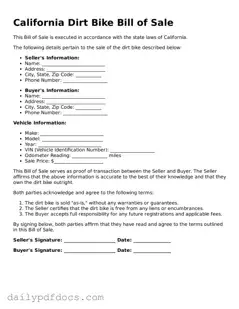 Printable  Dirt Bike Bill of Sale Document for California