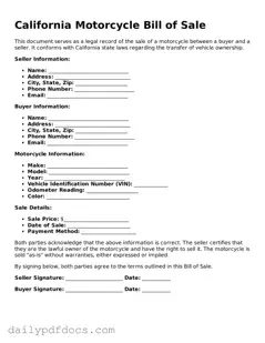 Printable  Motorcycle Bill of Sale Document for California