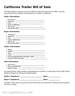 Printable  Trailer Bill of Sale Document for California