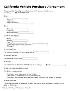 Printable  Vehicle Purchase Agreement Document for California