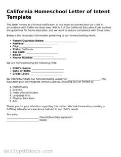 Printable  Homeschool Letter of Intent Document for California