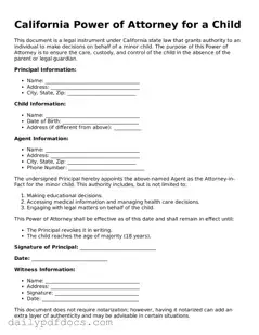 Printable  Power of Attorney for a Child Document for California