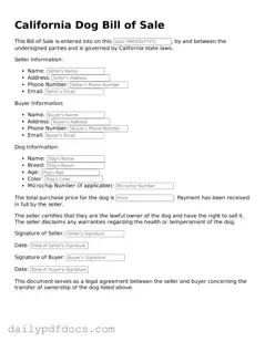 Printable  Dog Bill of Sale Document for California