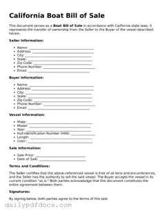 Printable  Boat Bill of Sale Document for California