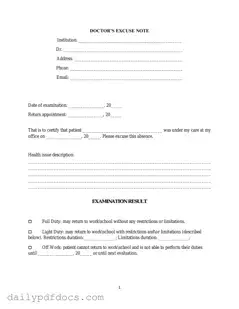 Fill Your Doctors Excuse Note Form