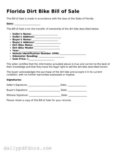 Printable  Dirt Bike Bill of Sale Document for Florida