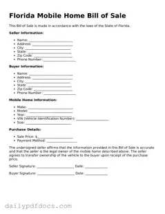 Printable  Mobile Home Bill of Sale Document for Florida