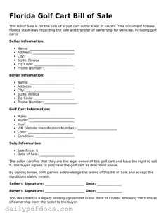 Printable  Golf Cart Bill of Sale Document for Florida