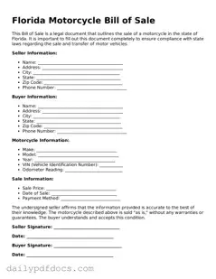 Printable  Motorcycle Bill of Sale Document for Florida